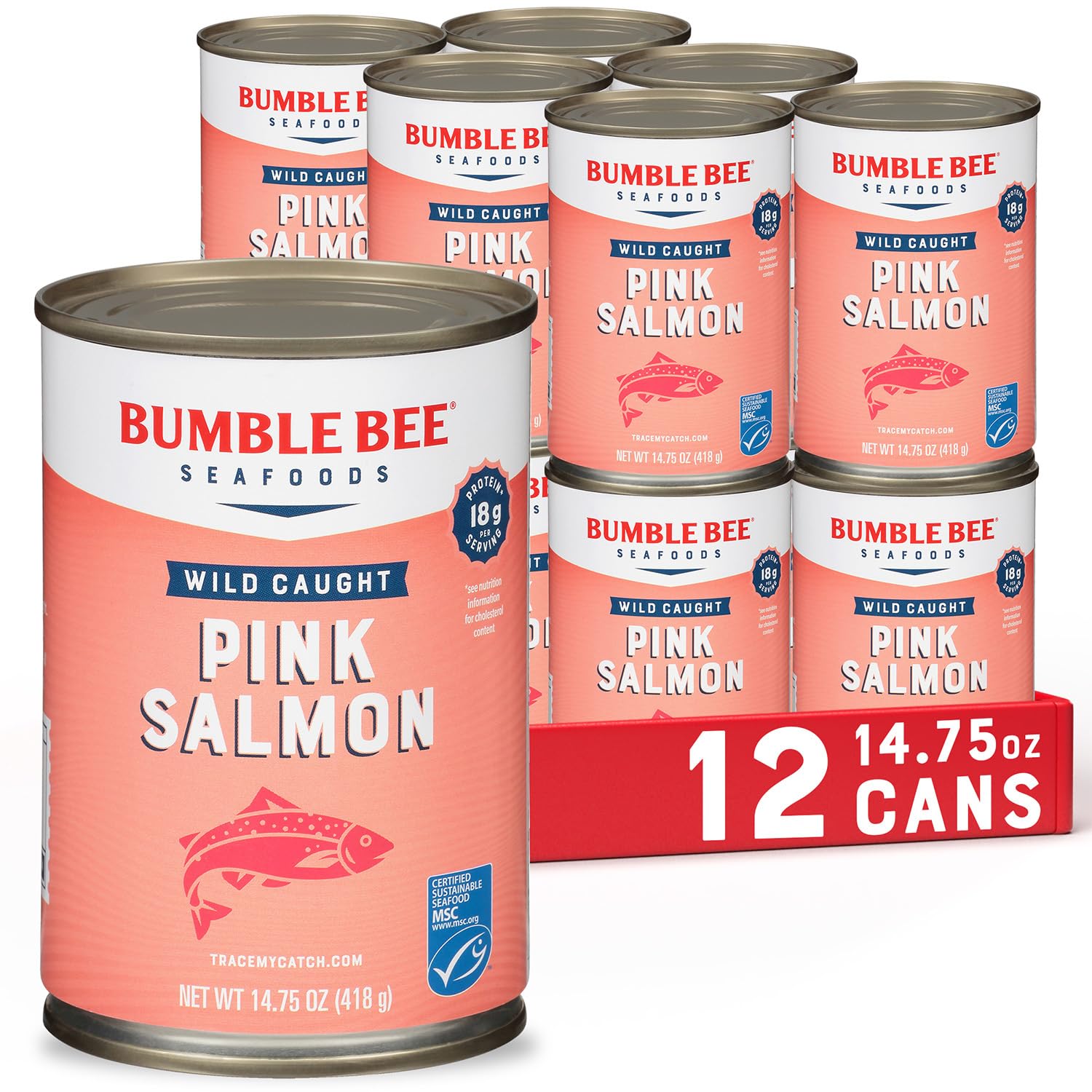 Bumble Bee Wild Caught Pink Salmon with Skin & Bones, 14.75 oz (Pack of 12) | 18g Protein per Serving, Omega-3 Rich, Gluten Free, Keto Friendly