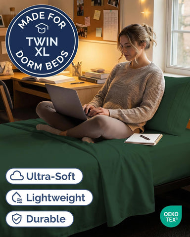 Twin XL 3 Piece Sheet Set - College Dorm Room Essentials - Emerald Green