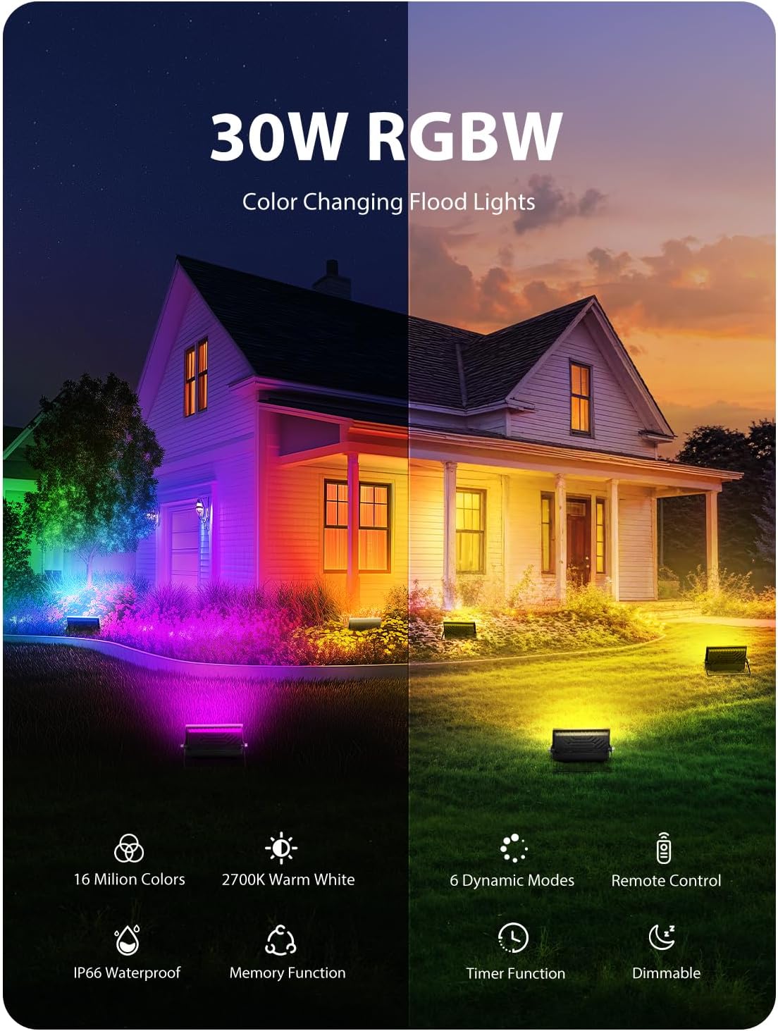 Onforu RGBW LED Flood Light DIY Color Changing Uplights with Remote, 6 Pack