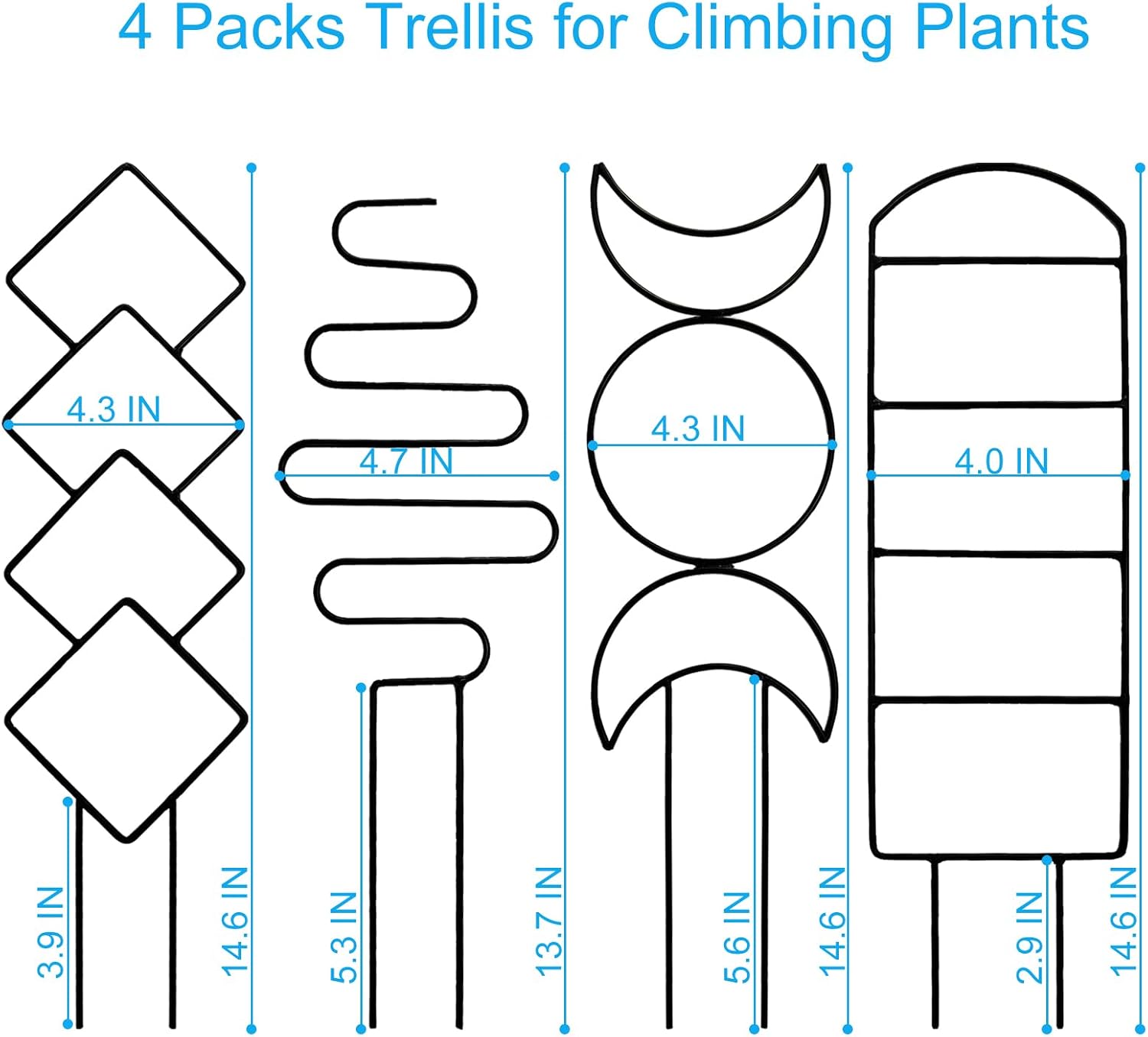 4 Packs Trellis for Climbing Plants Indoor, HENABLE Small Garden Metal Trellis for Potted Plants Outdoor for Vine Ivy Flower Plant Support, 4 Different Black Iron Patterns