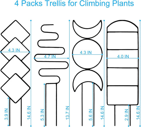4 Packs Trellis for Climbing Plants Indoor, HENABLE Small Garden Metal Trellis for Potted Plants Outdoor for Vine Ivy Flower Plant Support, 4 Different Black Iron Patterns