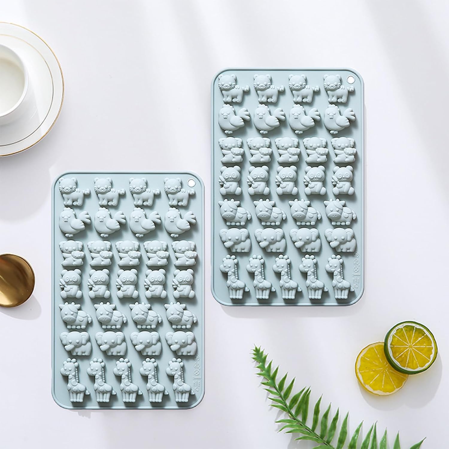 Silicone Mini Animal Molds with Tiger Chiken Panda Koala Cow Elephant Giraffe, Set of 2, Cow Shaped Baking Tray for Chocolate, Candy, Gummy, Ice cube, Cake Decoration