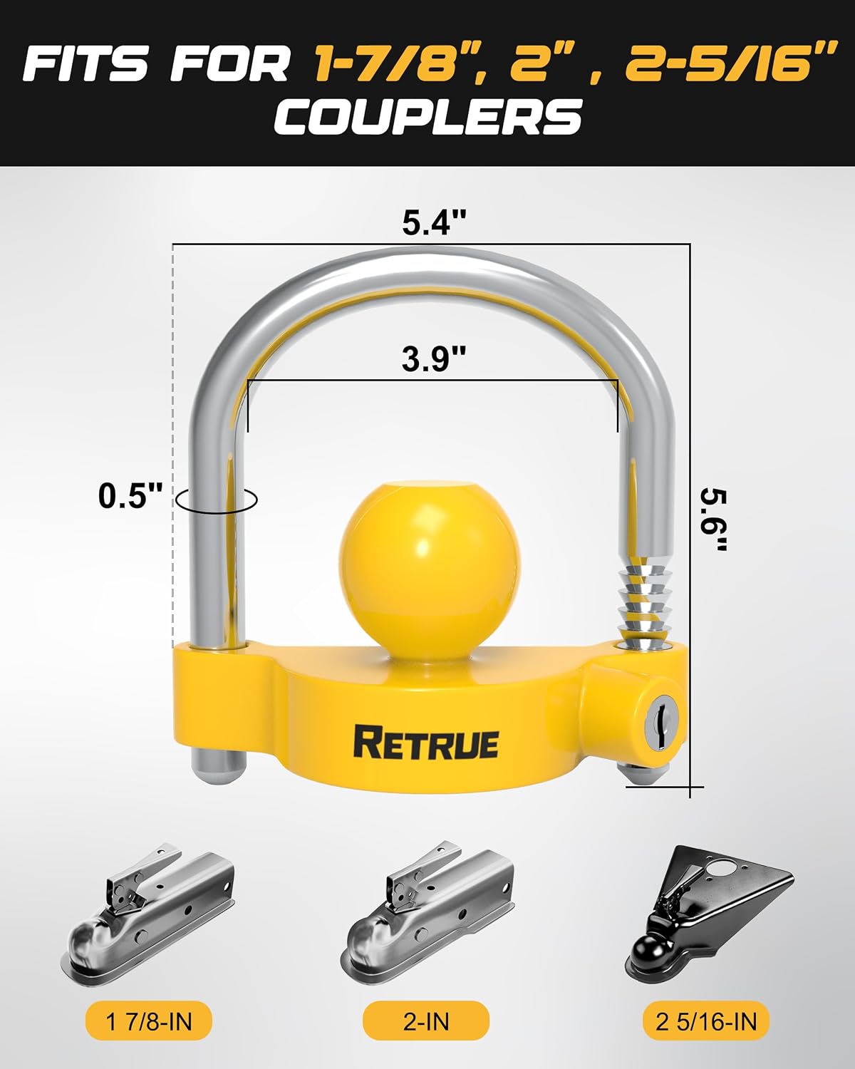 RETRUE Universal Trailer Coupler Lock, Adjustable Hitch Lock, Bright Yellow