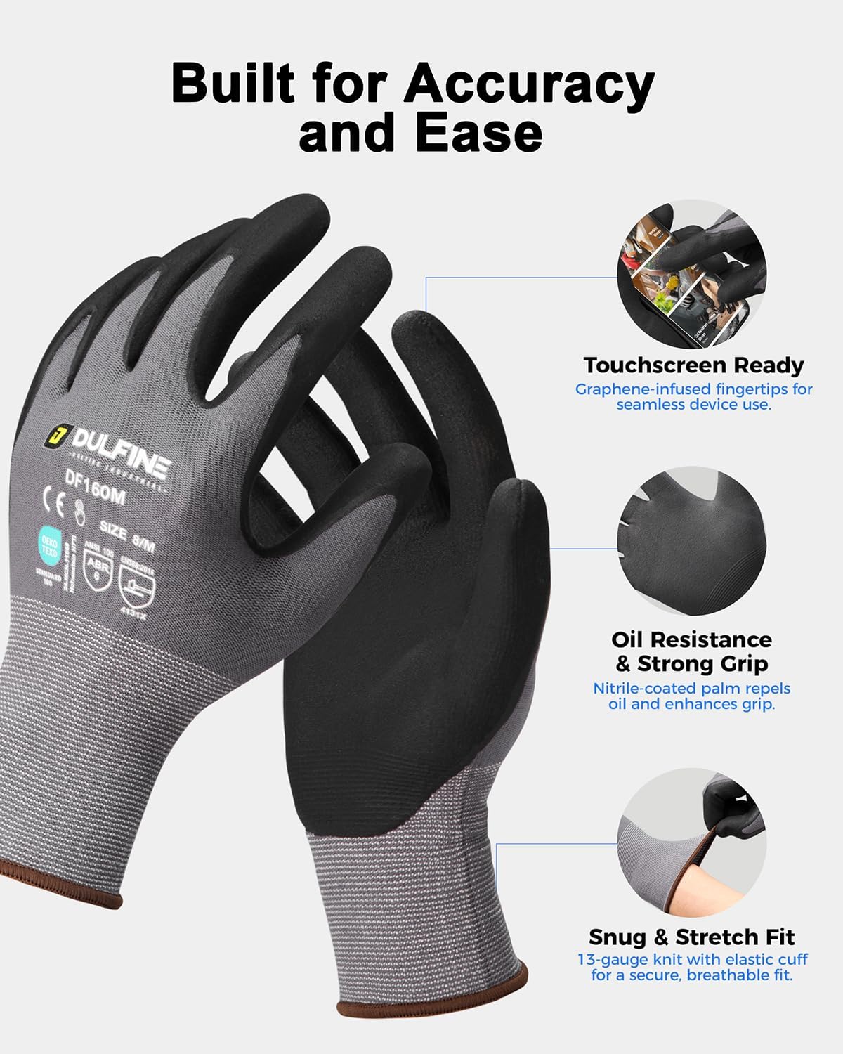 DULFINE MicroFoam Nitrile Coated 12 Pairs Work Gloves for Men Grey M