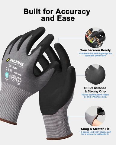DULFINE MicroFoam Nitrile Coated 12 Pairs Work Gloves for Men Grey M