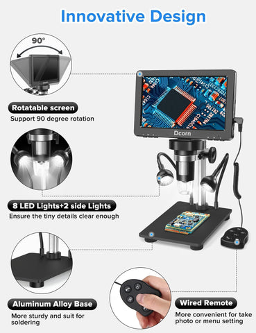 Dcorn 7'' Digital Microscope 1200X, 12MP 1080P Photo/Video Microscope for Adults Soldering Coins,Metal Stand,Wired Remote,10 LED Fill Lights,PC View,Windows/Mac - Black