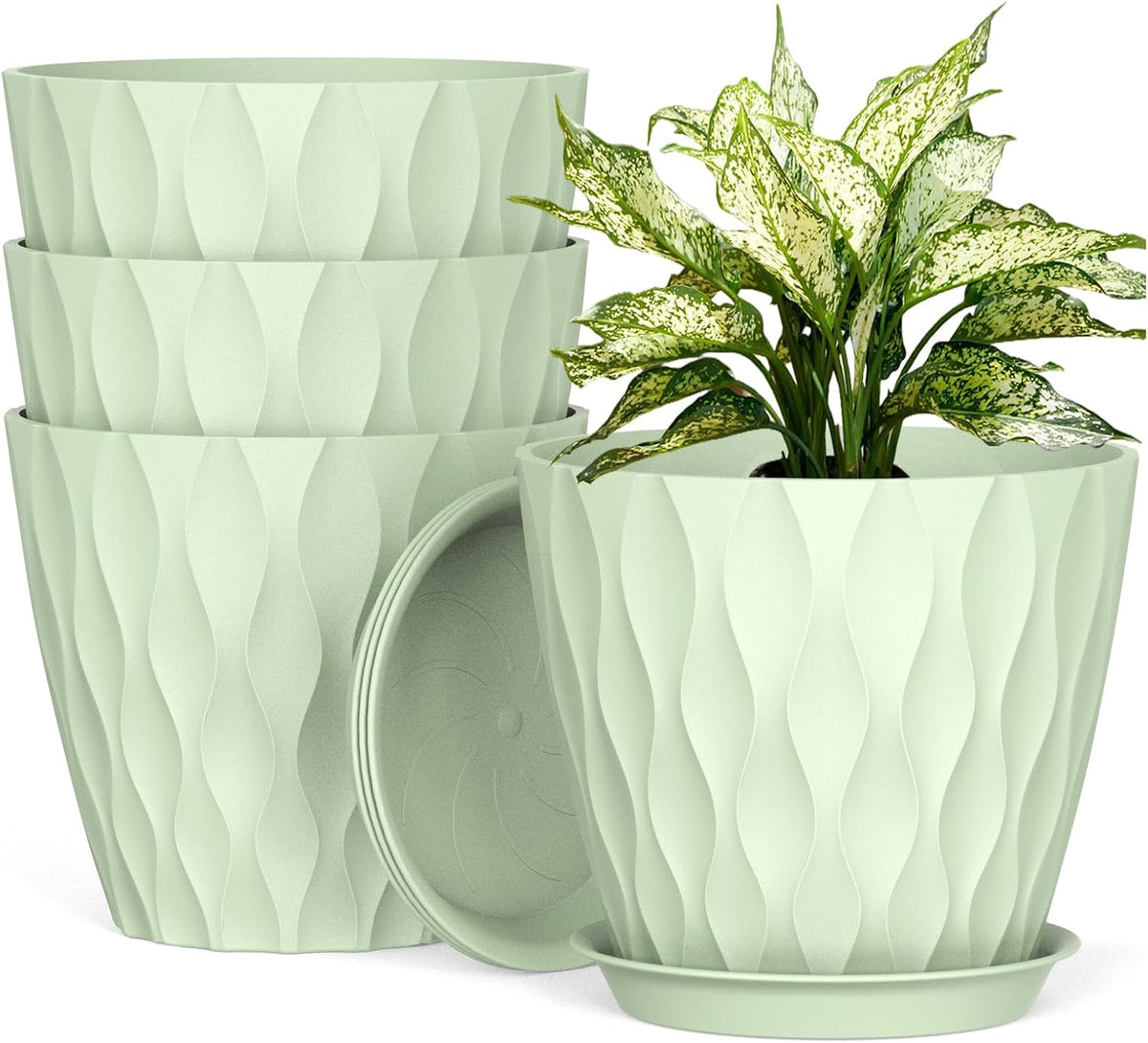 UOUZ 8 Inch Plant Pots, 4 Pack Plastic Planters for Indoor Outdoor with Drainage Holes & Saucers, Waffle Texture Flower Pots for Indoor Plants, Indoor Plant Pots for Monstera, Fiddle Leaf Fig, Green