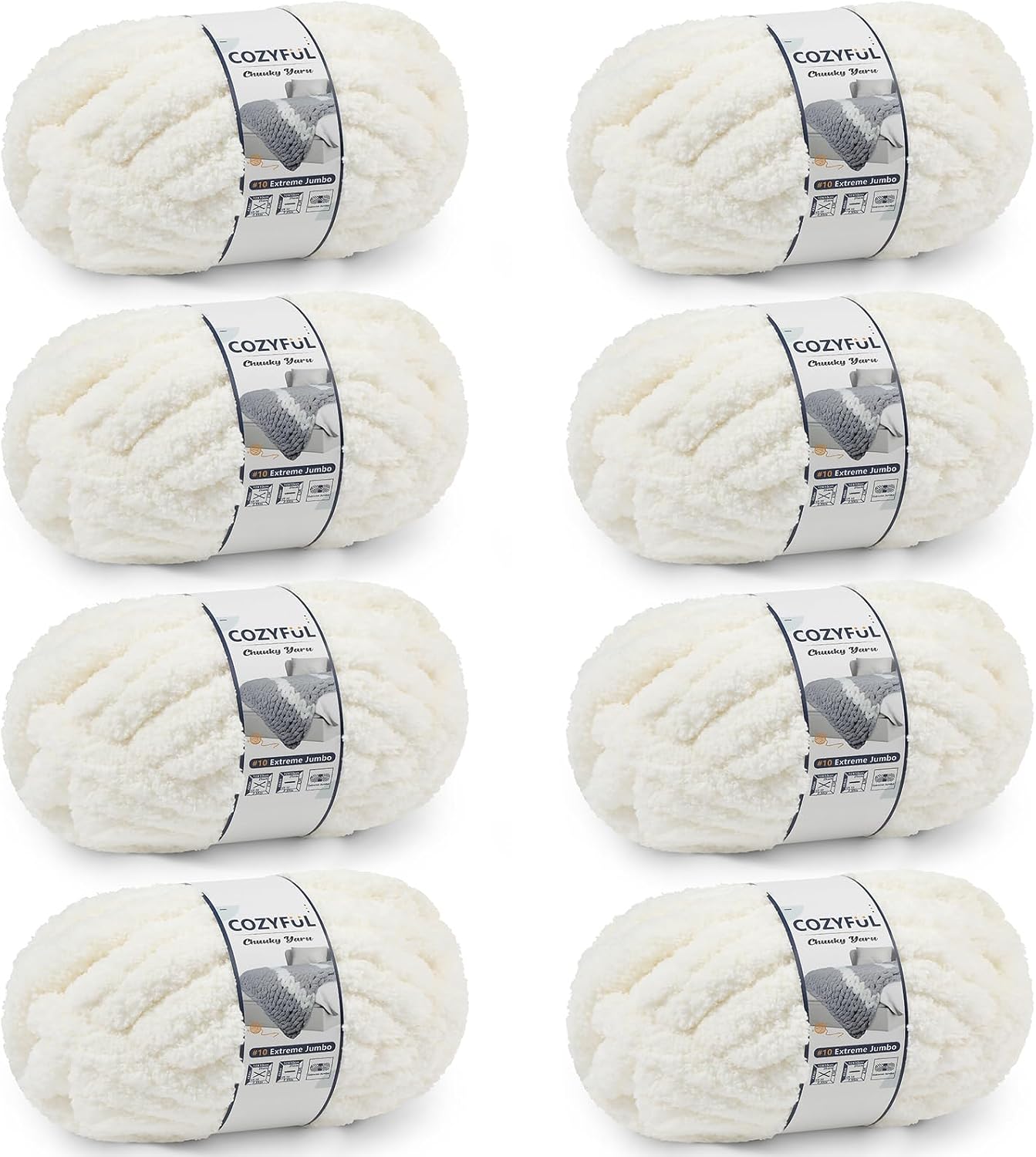 Cozyful Chunky Yarn for Hand Knitting - #10 Chunky Chenille Yarn, Jumbo Big Thick Chunky Yarns for Crocheting, Super Bulky Chunky Knit Blanket Yarns, 8 Skein (22 yds 8 oz Each Skein), Cream