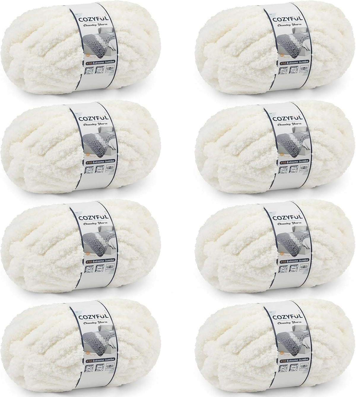 Cozyful Chunky Yarn for Hand Knitting - #10 Chunky Chenille Yarn, Jumbo Big Thick Chunky Yarns for Crocheting, Super Bulky Chunky Knit Blanket Yarns, 8 Skein (22 yds 8 oz Each Skein), Cream