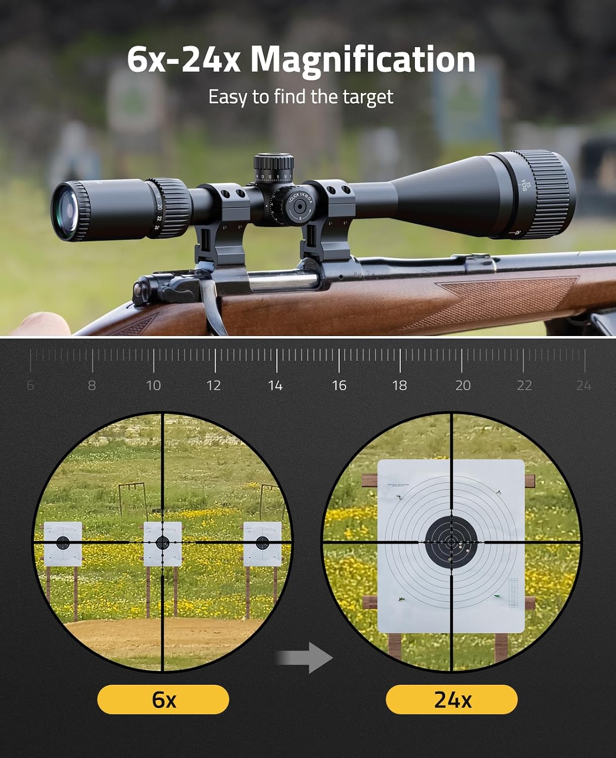 CVLIFE EagleFeather Z03 6-24x50 AO Rifle Scope for Hunting with Parallax Adjustment, Red and Green Illuminated Mil-Dot Reticle, 1 Inch Tube SFP Long Range Scope with 20mm Scope Rings