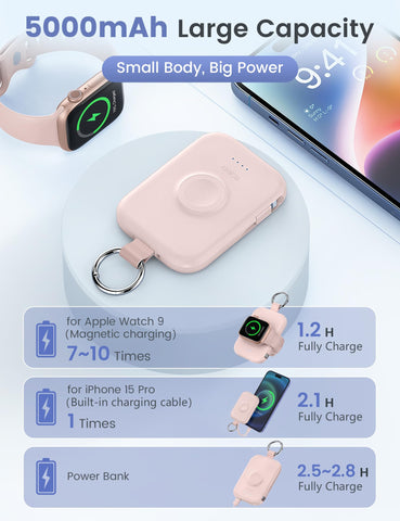 RORRY Portable Charger, 5000mAh Portable Charger Power Bank with Built-in Cables, Travel Keychain Battery Pack for Apple Watch Ultra 2/9/8/Ultra/7/6/SE/5, iPhone 16/15/14/13/12, Pink