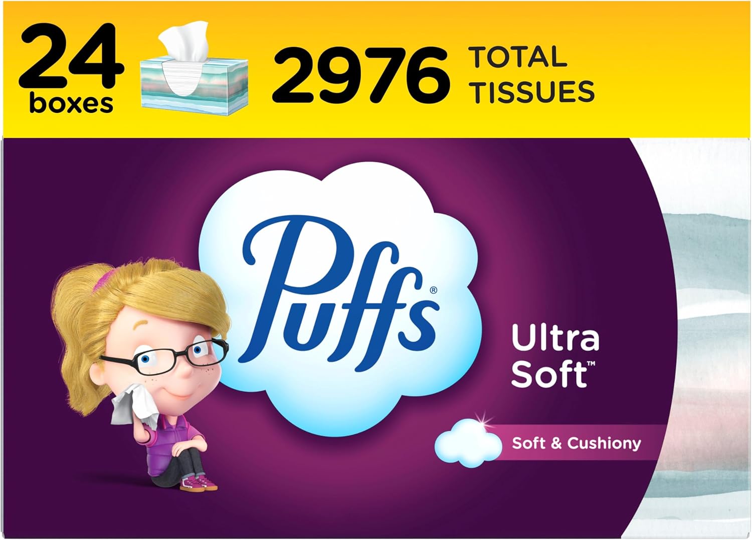 Puffs Facial Tissues Ultra Soft, 24 Family Rectangle Boxes, 124 Facial Tissues per Box, Allergies and Colds (Packaging May Vary)