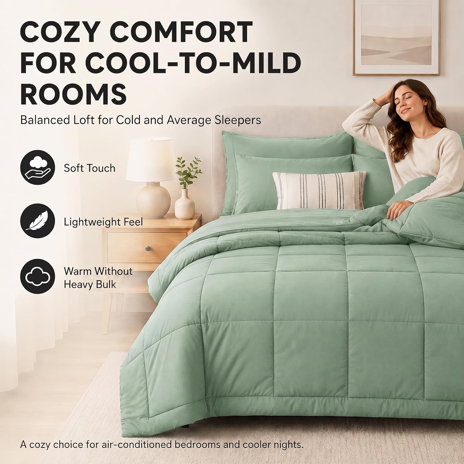 CozyLux Full Size Comforter Sets Sage Green - 7 Pieces Bed in a Bag
