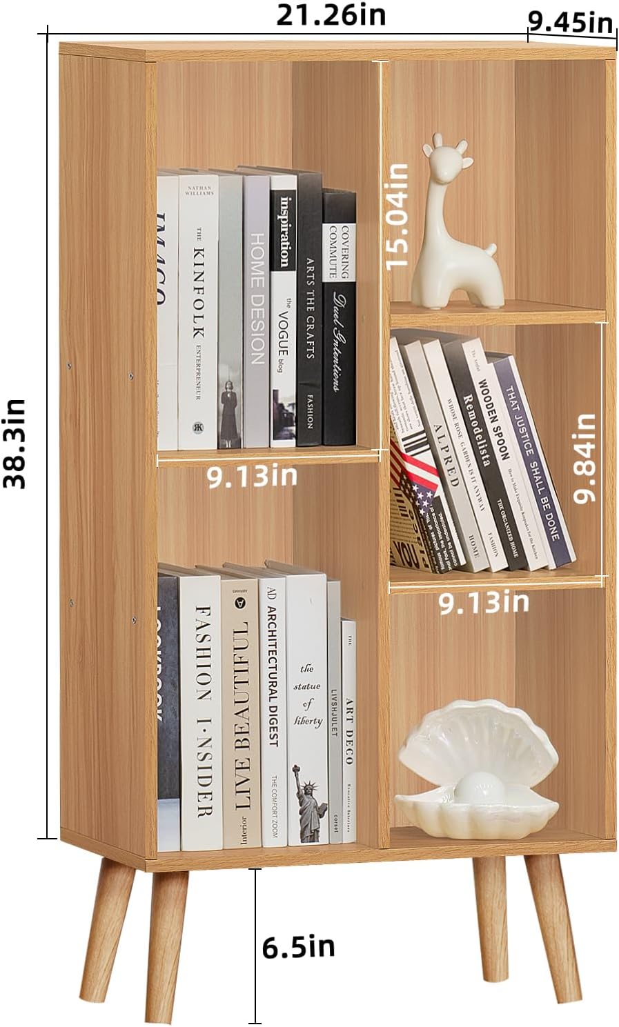 LEYAOYAO 5 Cube Bookshelf, Mid-Century Modern Book Shelf with Legs, Natural