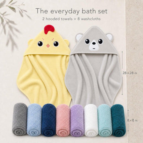 Cute Castle 2 Pack Hooded Baby Towel Rayon Made from Bamboo with 8 Washcloths - Soft Bath Towel for Bathtub for Babie, Newborn, Infant, Natural Baby Stuff Towel (Chicken and Bear)