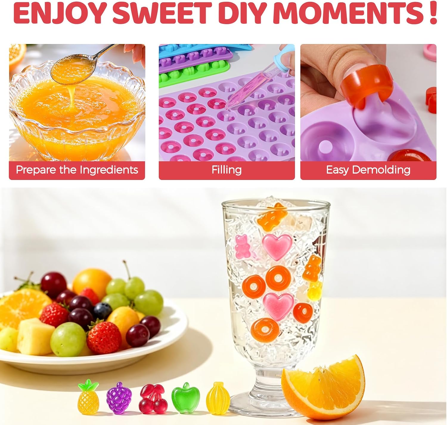 Gummy Molds, 5pcs Gummy Bear Candy Silicone Molds with 2 Droppers & 1 Brush