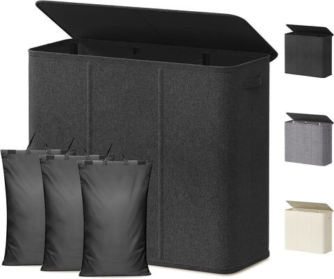 Lifewit Triple Laundry Hamper with Lid, Removable Laundry Bags, Dark Gray