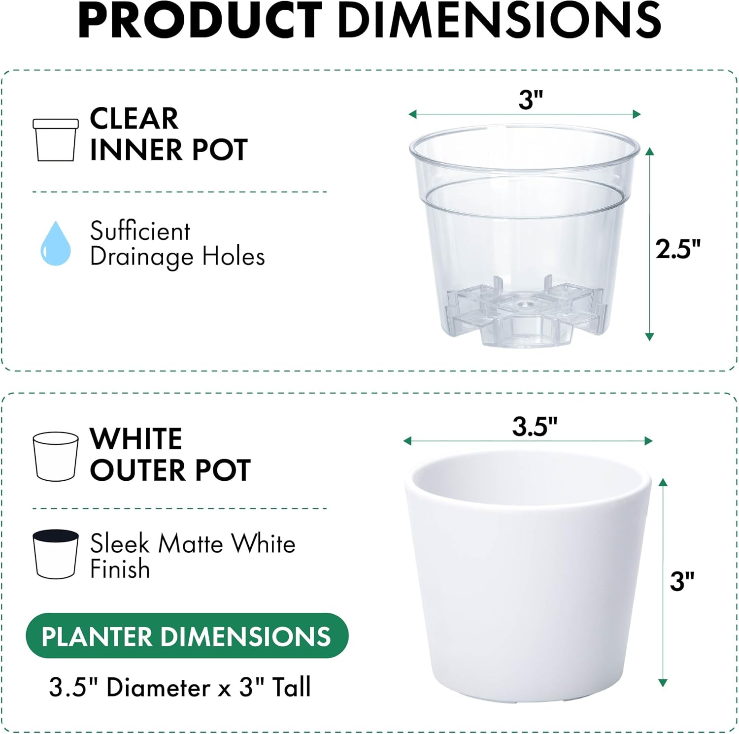 Phoenix Vine 3.5 Inch White Plastic Cachepot with Clear Nursery Pot, Decorative Lightweight Planter Cover with Transparent Inner Pot for Indoor Houseplants, Pack of 8, 24-A-D-8