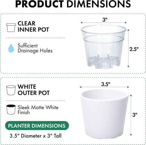 Phoenix Vine 3.5 Inch White Plastic Cachepot with Clear Nursery Pot, Decorative Lightweight Planter Cover with Transparent Inner Pot for Indoor Houseplants, Pack of 8, 24-A-D-8