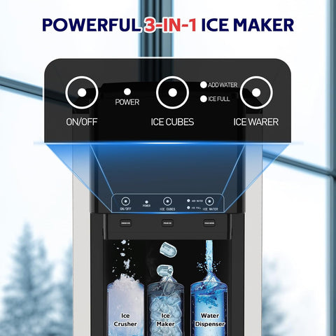 ADVWIN 3 in 1 Water Dispenser with Ice Maker, Nugget Ice Maker Countertop, Bullet Ice, Crushed Ice, Water Cooler, 44Lbs/24H, 12 Ice Cube/6Min, Self-Cleaning, 4Lbs Ice Storage, Home, Kitchen, Party, RV