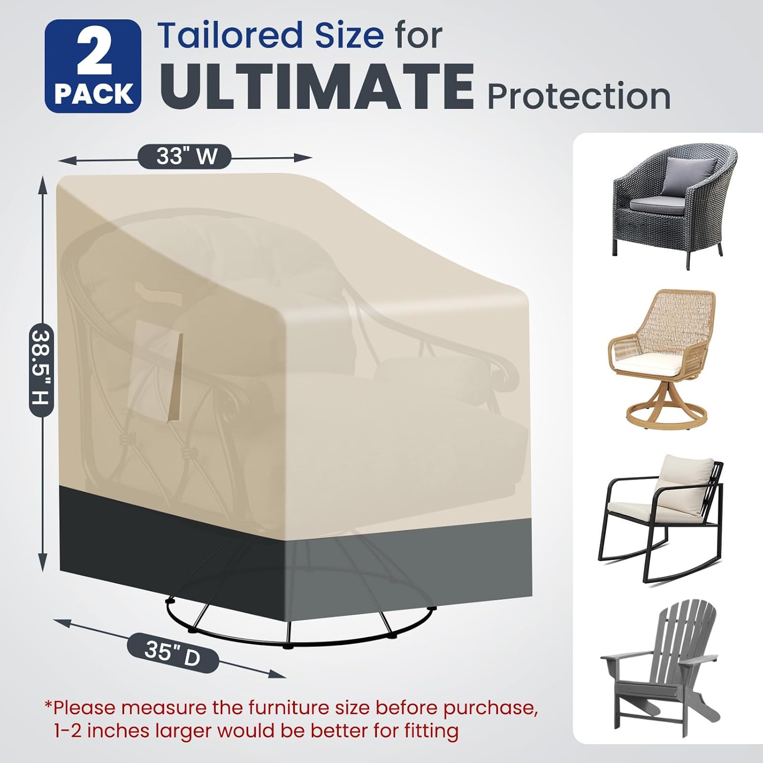 Extra Heavy Duty Outdoor Chair Covers Waterproof - 2 Pack Patio Furniture Covers for Outdoor Swivel/ Rocking Chair/ Adirondack Chairs - Outdoor Seat Cover with Air Vents, 33"W x 35"D x 38.5"H
