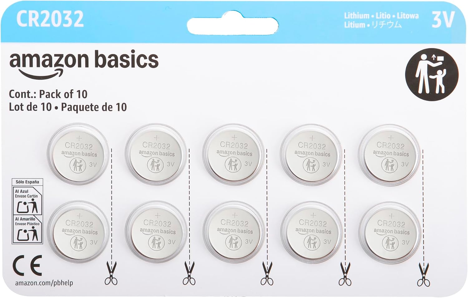 Amazon Basics CR2032 3V Lithium Coin Cell Batteries, Child-Proof Package, Non-Coated, AirTag Compatible, 4-Pack
