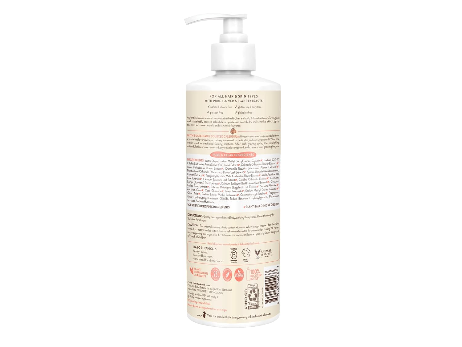 Babo Botanicals Moisturizing Oat & Calendula 2-in-1 Shampoo & Wash – Gentle Cleansing for Dry or Sensitive Skin – Safe for Baby, Toddler, Kids & Family – Lightly Scented – Vegan
