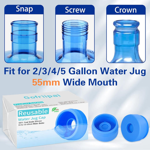 Gofriipai 3 and 5 Gallon Water Jug Cap, Silicone Reusable Replacement Cap, Non Spill Bottle Caps for 55mm Bottle Water Dispenser Caps - Pack of 3
