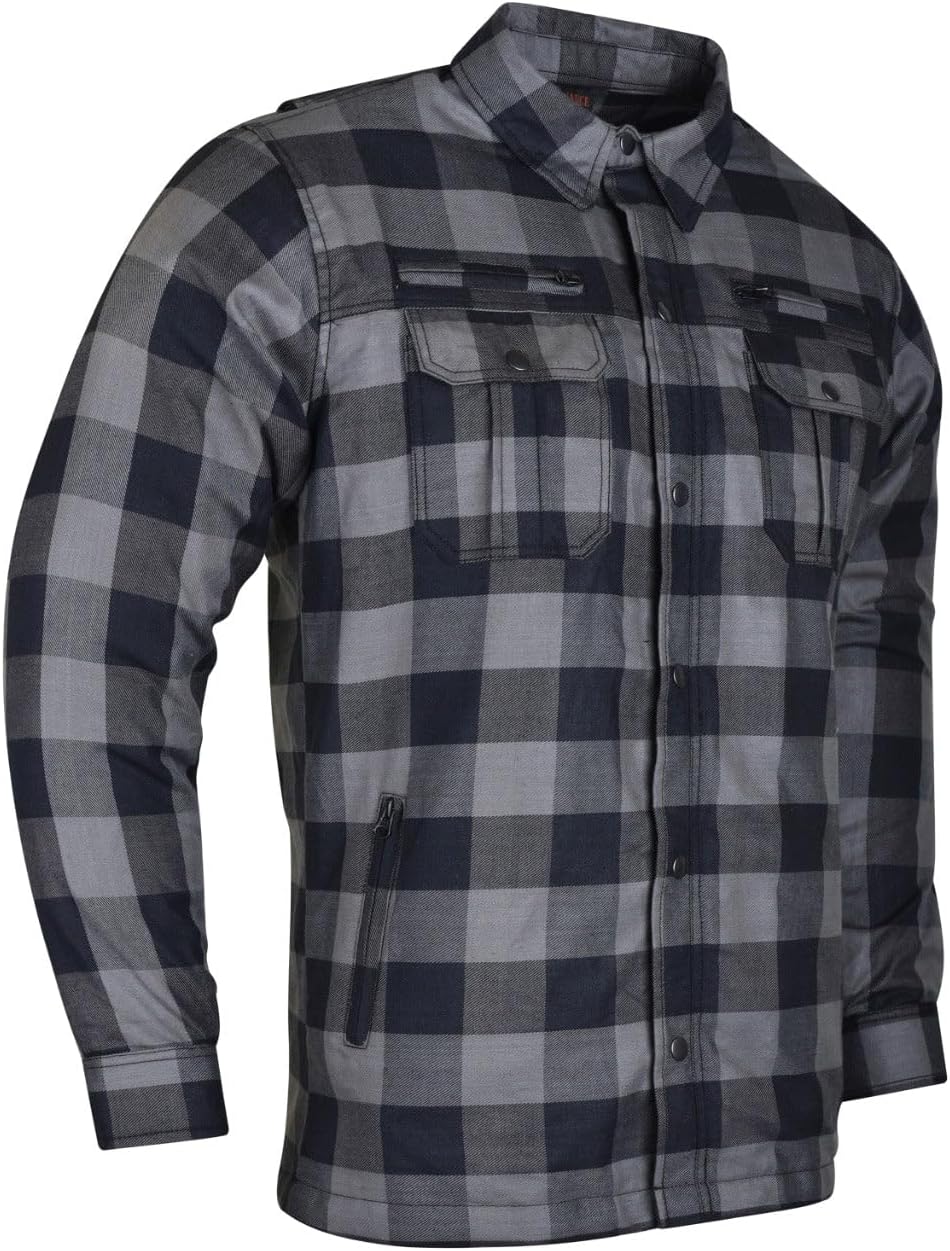 Mens Armored Checkered Flannel Biker Shirt, Multiple Waterproof Storage Pockets CE Approved Armor Reinforced Water Resistant