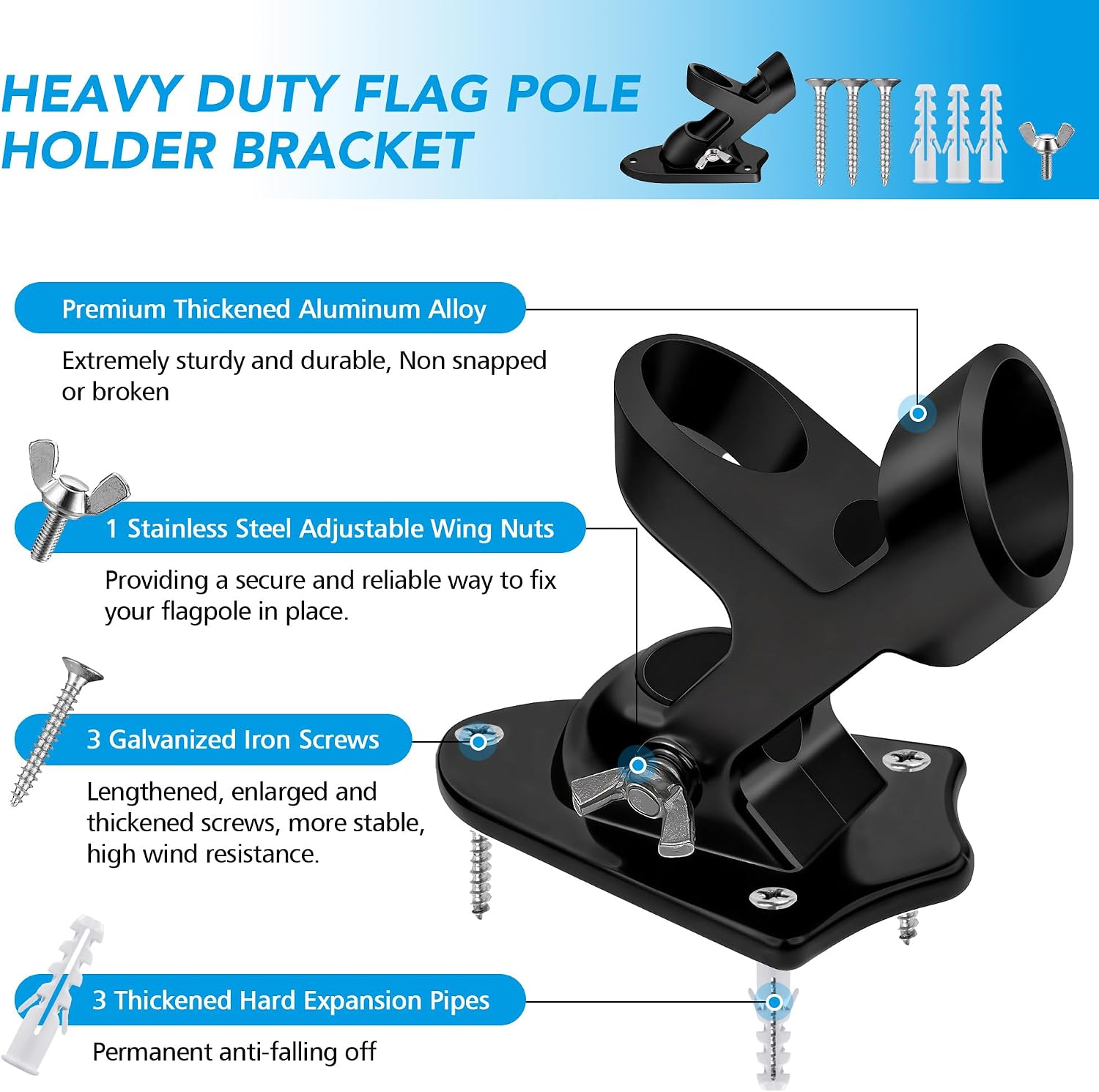 HOOPLE Flag Pole Holder for Outside House, Heavy Duty Aluminum Flag Holder & Flag Pole Mounting Bracket, Rust Free Wall Mount Flag Bracket with Stainless Hardware, Fits 1” Flag Pole (Black-1Pack)