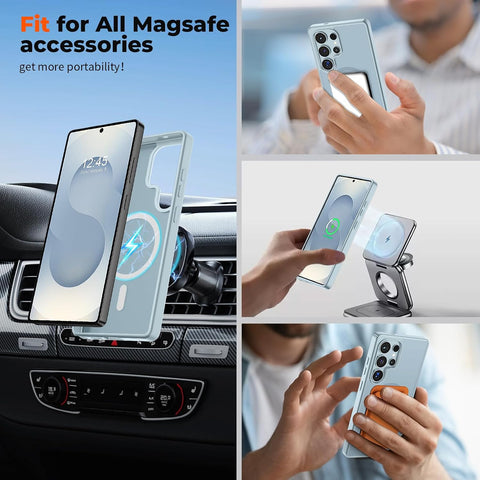 SUPFINE Magnetic for Samsung Galaxy S25 Ultra Case with Screen Protector, (Built-in Magnets) (Military Grade Drop Protection) Slim Translucent Shockproof Phone Case,Sliver Blue