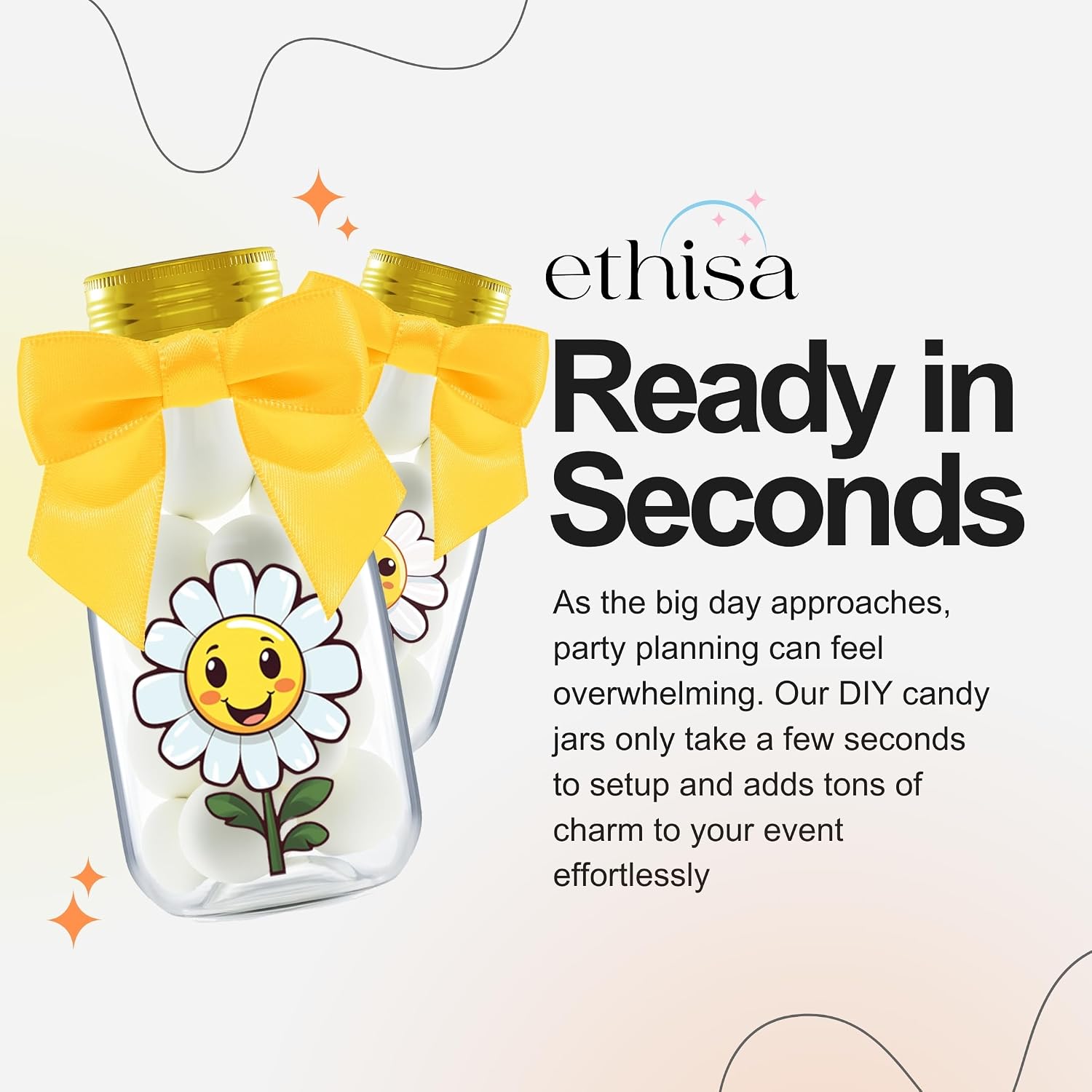 Ethisa Small 12 Pack Daisy Party Favors - DIY Candy Jars with Ribbons and Stickers - Party Decoration Bottles for Birthday, School Classroom and Baby Shower - Flower Table Centerpiece Gifts for Kids
