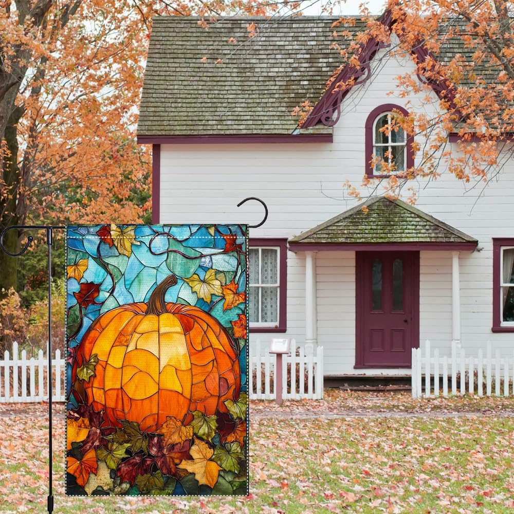 Fall Garden Flag For Outdoor Decor Thanksgiving Garden Flags Autumn Stained Glass Pumpkin Maple Leaf Double Sided Small Burlap Outside Porch Lawn Yard Flags Decorations 12.5x18 Inch