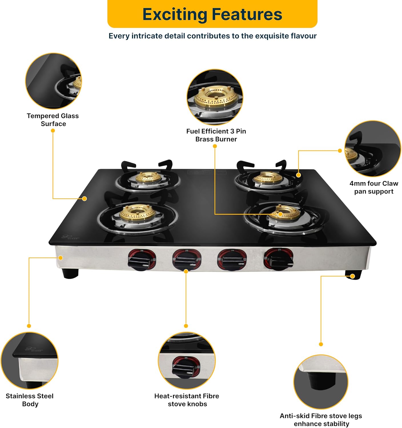 24 Inch Gas Cooktop, Tempered Glass Gas Stove with 4 Burner