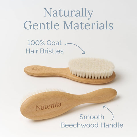 Natemia Wooden Baby Hair Brush - Natural Goat Hair Bristles - Gentle Soft Bristles for Scalp Massage - Cradle Cap Comb for Flake Removal - For Baby Grooming Kit & Toddler Hair Brush