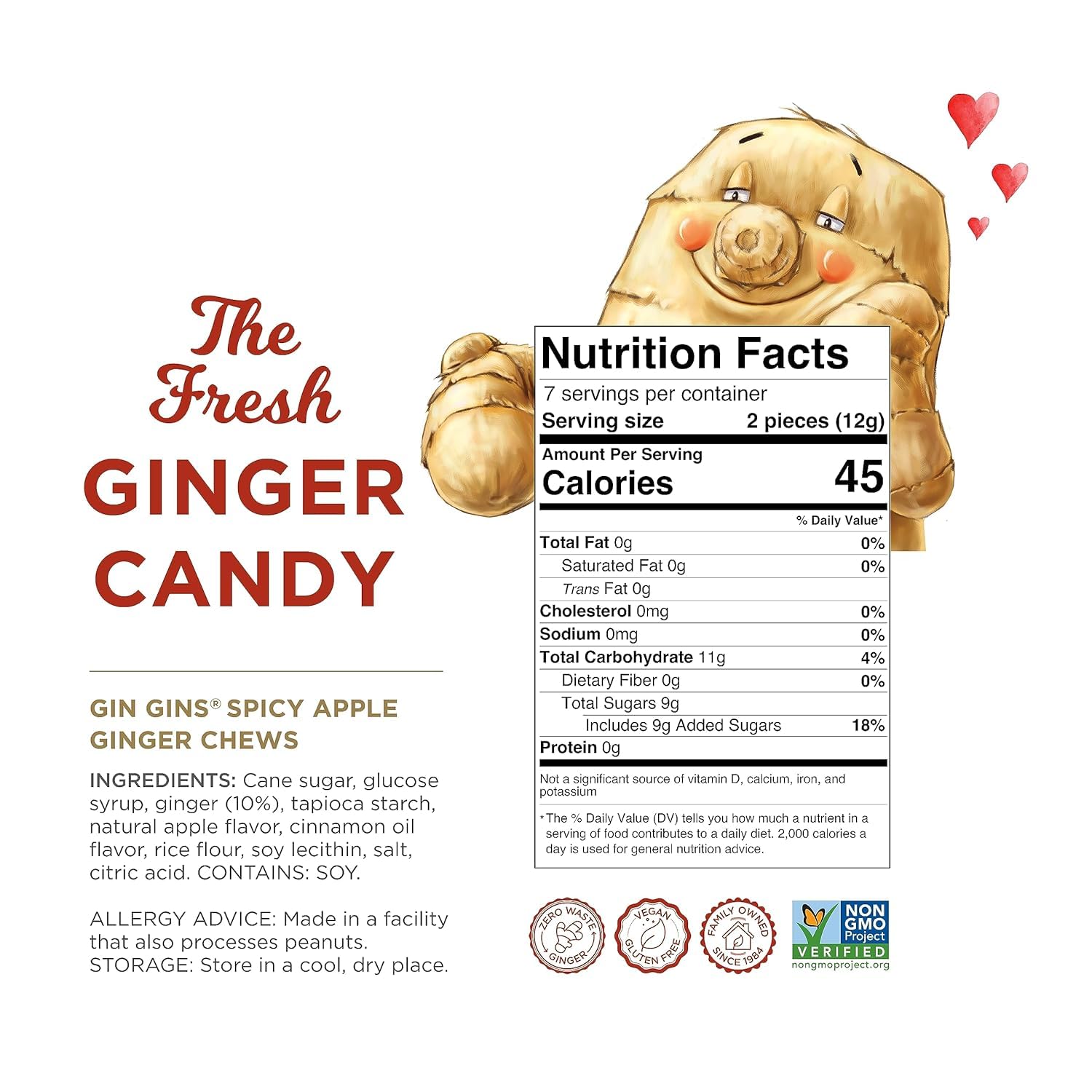 GIN GINS Apple Ginger Chews Made w/ Fresh Ginger 3oz 12Pk