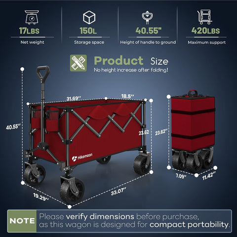 HIKEMOON 150L Collapsible Wagon Compact with Big Wheels, 420LBS Red