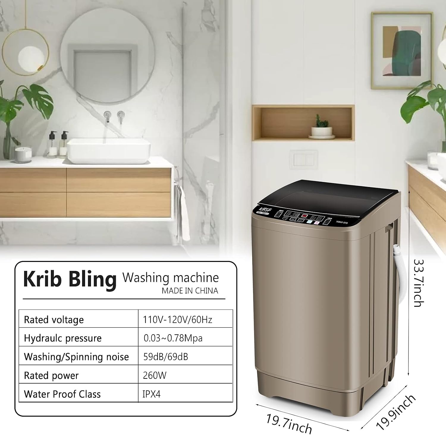KRIB BLING Full Automatic Washing Machine with LED Display, 17.7 lbs Portable Washer Drain Pump, 10 Programs & 8 Water Levels Selections, Ideal for RV, Camping, Apartment, Dorm, Gold