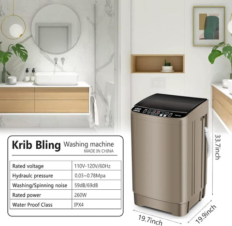 KRIB BLING Full Automatic Washing Machine with LED Display, 17.7 lbs Portable Washer Drain Pump, 10 Programs & 8 Water Levels Selections, Ideal for RV, Camping, Apartment, Dorm, Gold
