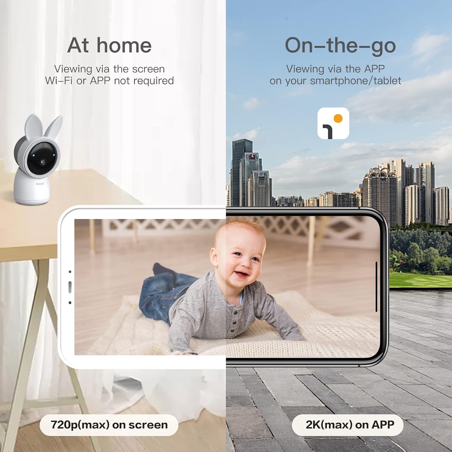 ARENTI 2K Baby Camera, 360-Color RGB Night Light, 2.4G WiFi w/APP (AICAM)