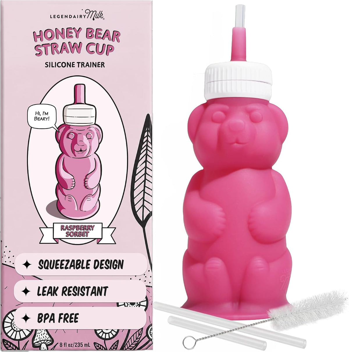 Legendairy Milk Honey Bear Straw Cup for Baby & Toddler, Silicone Squeeze Training Straw Cup, Leak Resistant Baby Sippy Cup with Straw, BPA Free, Dishwasher Safe, Bottle Transition, 8 oz, Pink