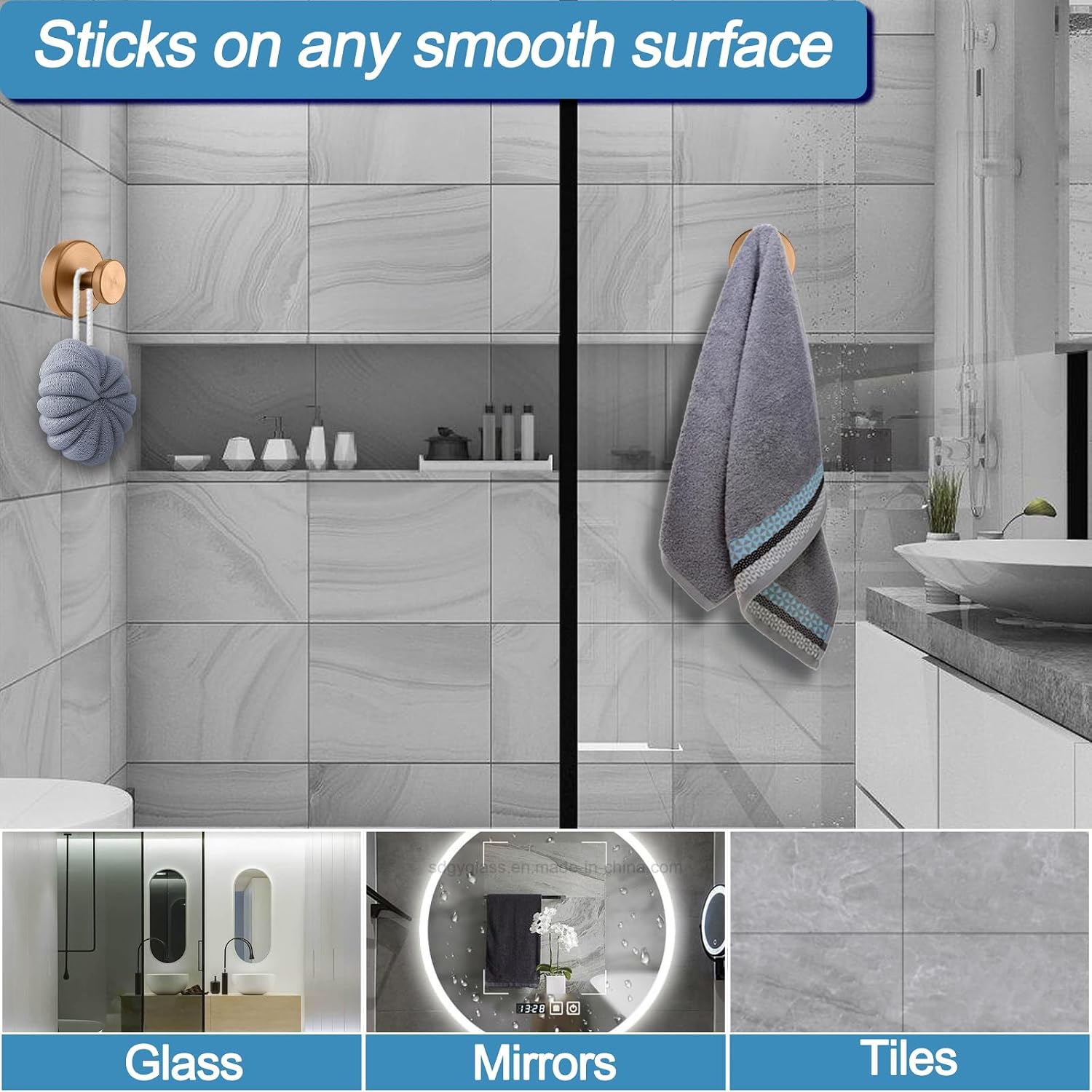 Suction Cup Hooks for Shower, No Drill Towel Hooks for Bathroom