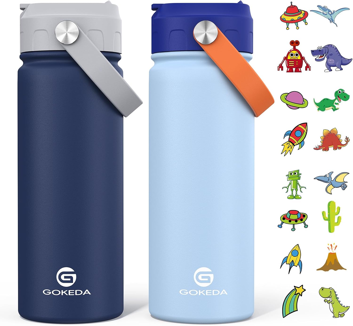 GoKEDA 18oz Kids Water Bottle, 2 Pack Stainless Steel Straw Cup