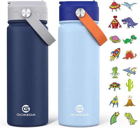 GoKEDA 18oz Kids Water Bottle, 2 Pack Stainless Steel Straw Cup