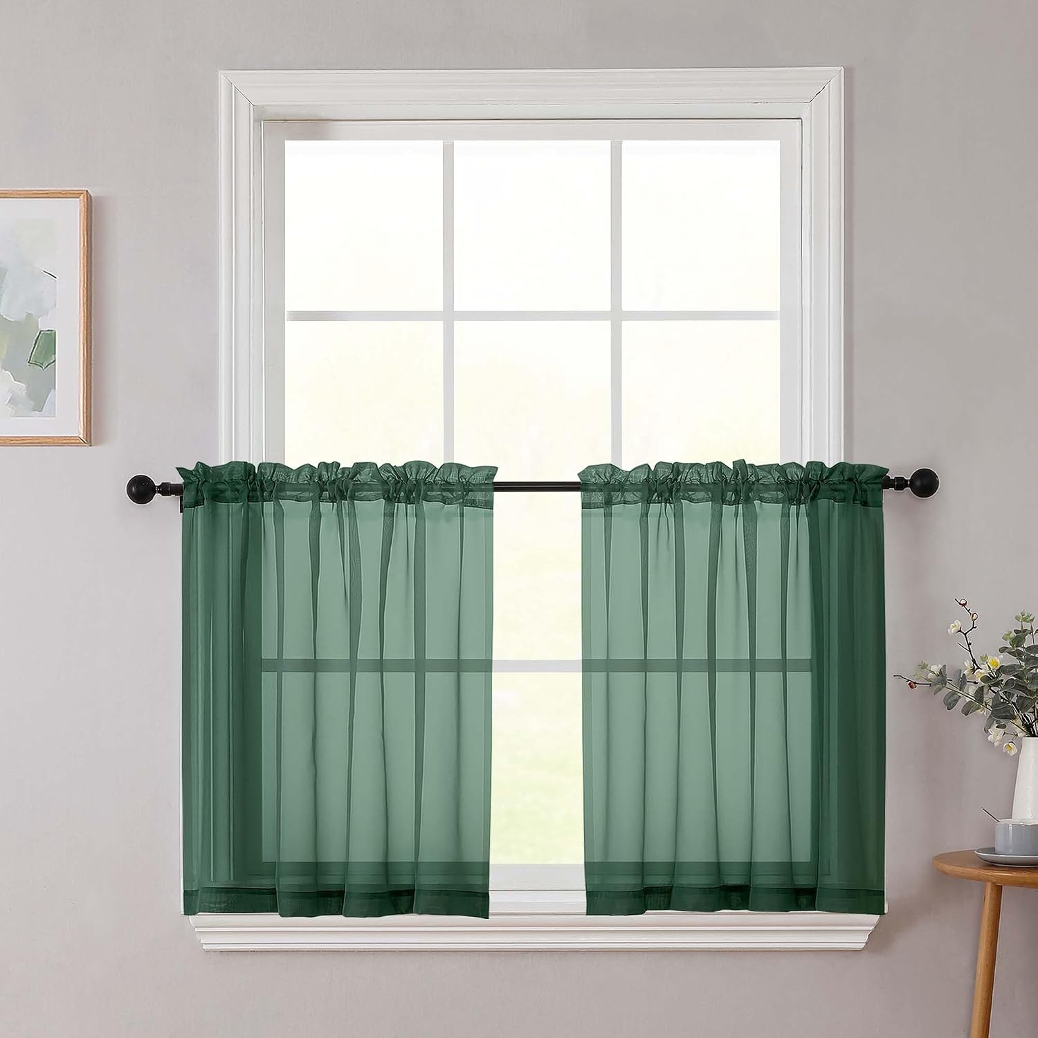 Kitchen Curtains 24 Inch Length Tier 2 Pieces, Hunter Green Sheer Curtain Solid Soft Sheer Short Curtains for Windows, Cafe Bathroom Basement Rod Pocket Drapes, Hunter Green, 42"Wx24"L Inch