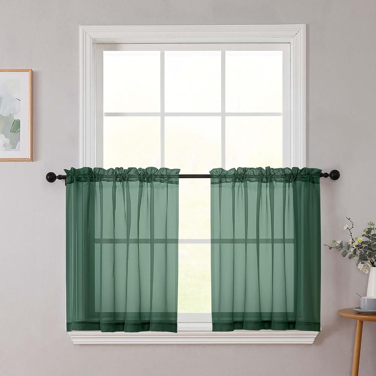 Kitchen Curtains 24 Inch Length Tier 2 Pieces, Hunter Green Sheer Curtain Solid Soft Sheer Short Curtains for Windows, Cafe Bathroom Basement Rod Pocket Drapes, Hunter Green, 42"Wx24"L Inch