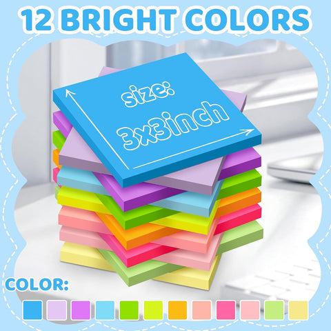 (24 Pads) Sticky Notes 3 x 3 in Post, 12 Bright Colors Self-Stick Pads