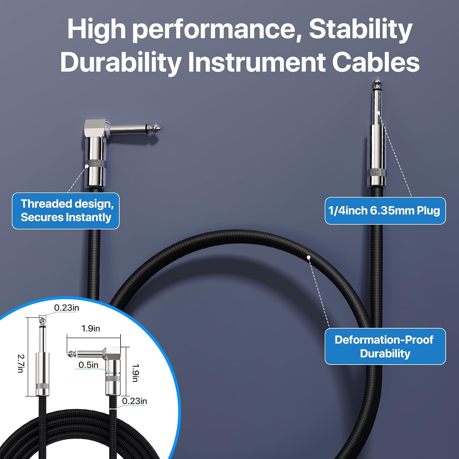 Guitar Cable 10ft, 1-Pack, TS 1/4 Quarter Inch Cords Braided
