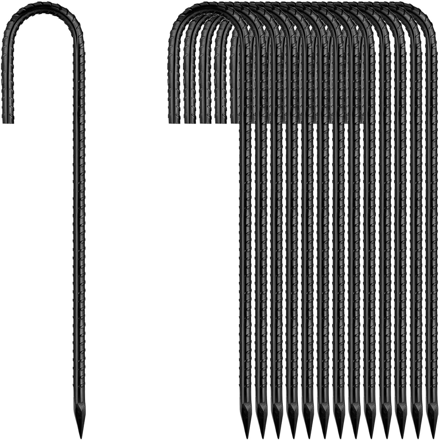 12 Inch Rebar Stakes, J Hook Ground Stakes 20 Pack Black Ground Anchors for Tent Heavy Duty for Plants Anti-Rust Landscape Fabric Artificial Turf