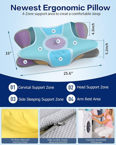 Cervical Pillow for Neck Pain Relief, Ergonomic Neck Pillow for Sleeping, Orthopedic Side Sleeper Pillow for Neck Support, Cooling Memory Foam Pillows Contour Pillow for Back Stomach Sleepers (Blue)